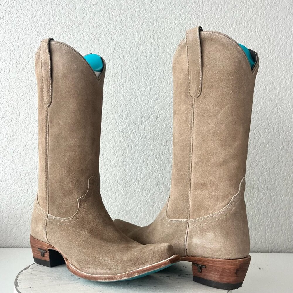 Suede Knee-High Heeled Boots in Taupe